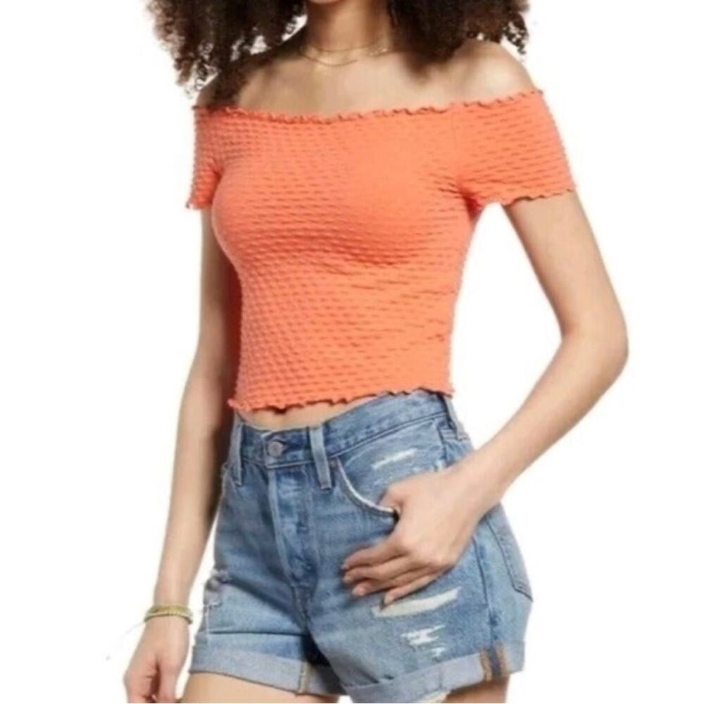 NORDSTROM BP Coral Orange Textured Off Shoulder Crop Top Women’s Size XS
